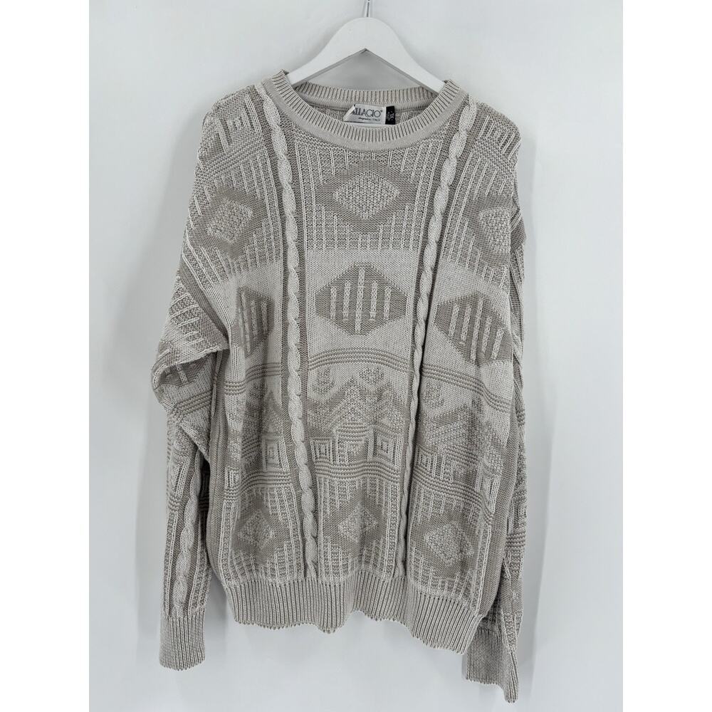 Bellagio Vintage Sweater Mens XL Ivory Beige 90s Pullover Knit Cotton Cable Knit